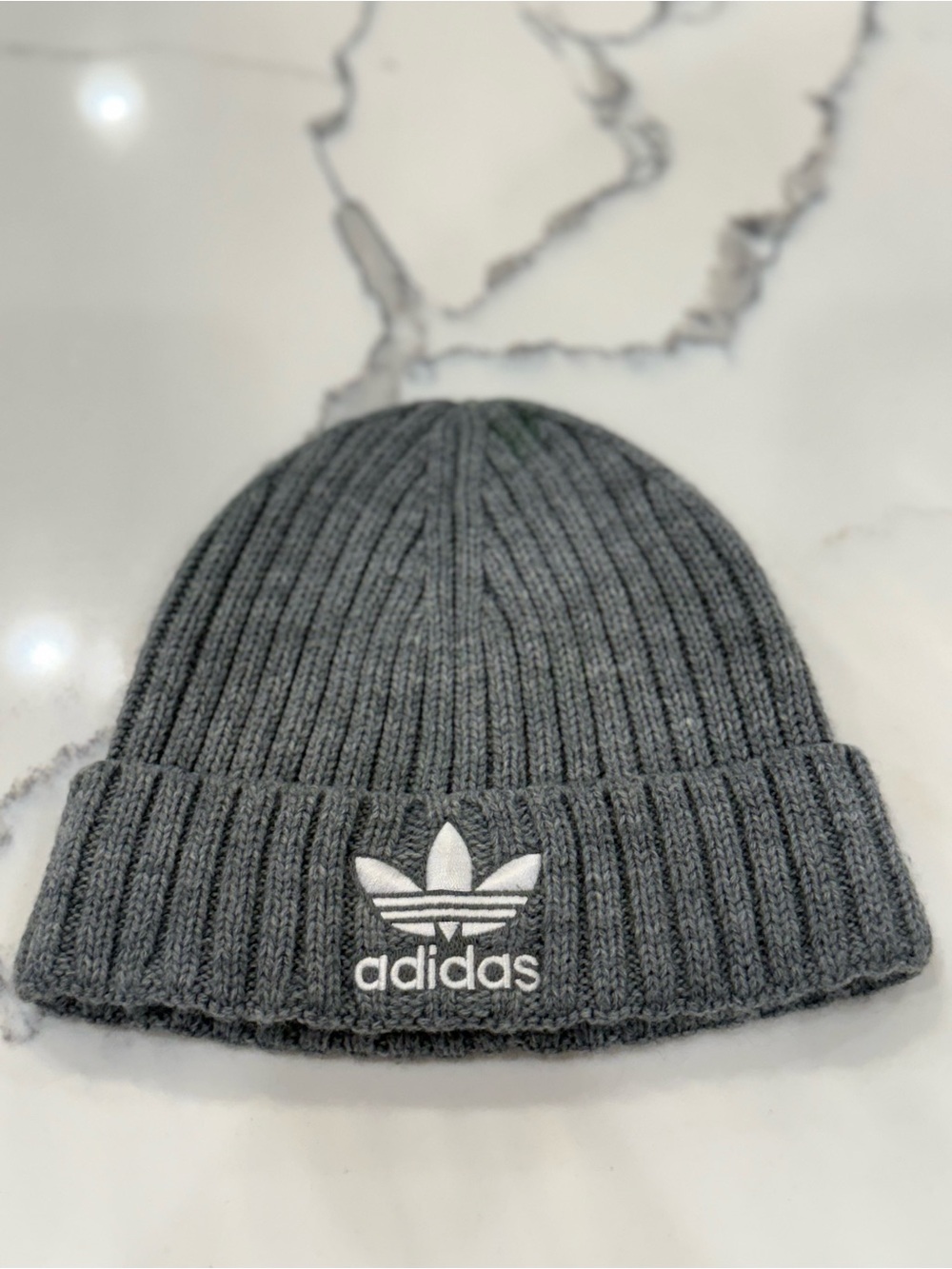 adidas Gray Ribbed Knit Beanie with Trefoil Logo